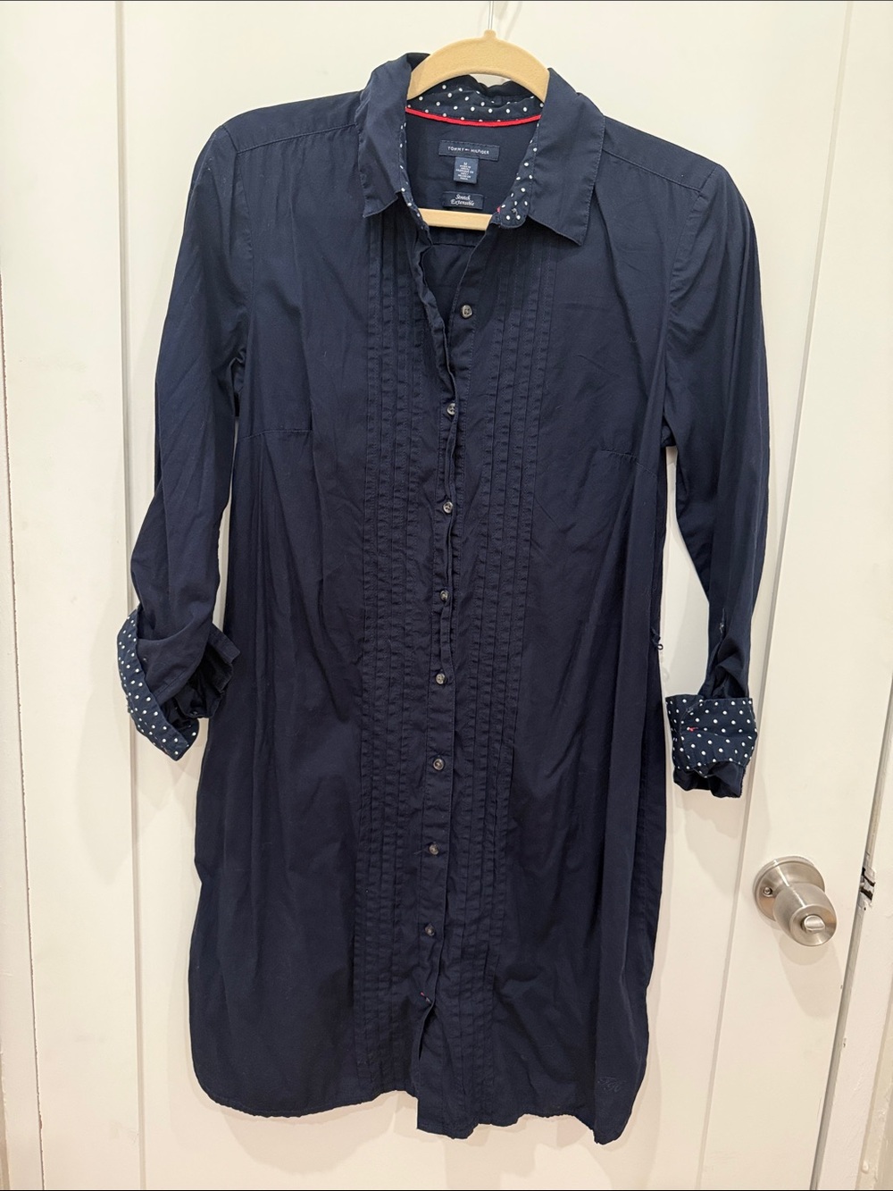 Tommy Hilfiger Navy Button-Down Shirt Dress with Polka Dot Trim